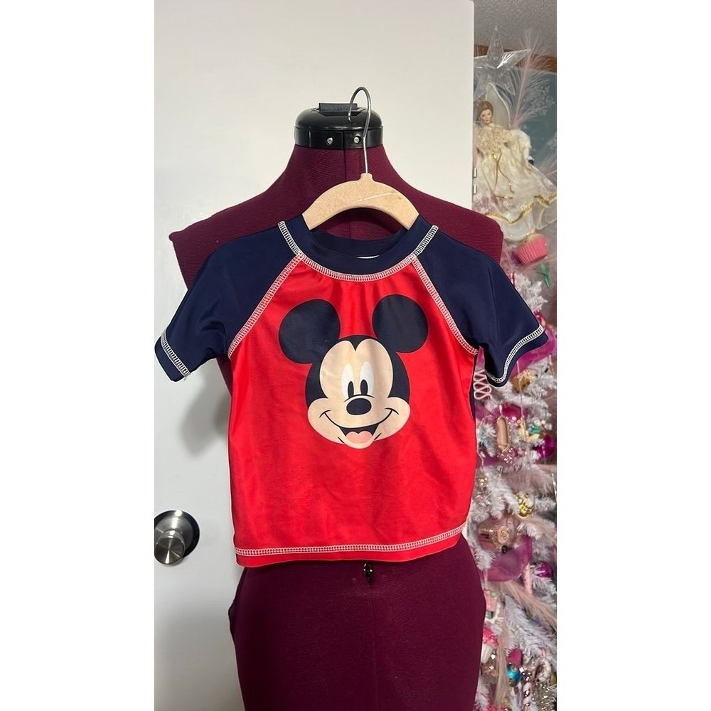 Disney Mickey Mouse Rash Guard Kids 12M Red Navy Good Short Sleeve Swim Shirt